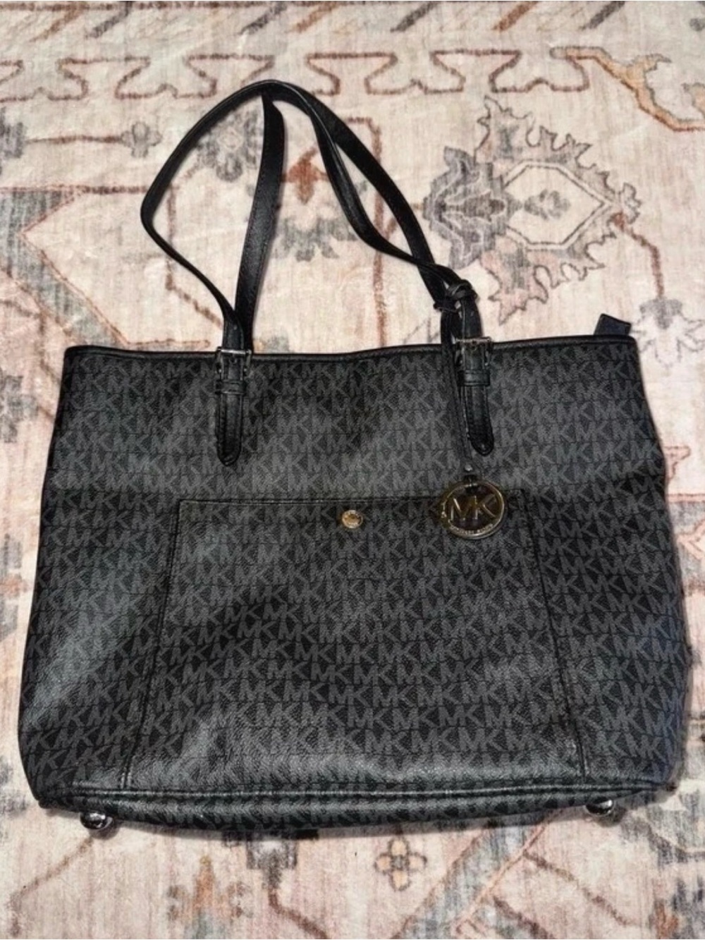 Michael Kors Black MK Monogram Tote with Gold Accent